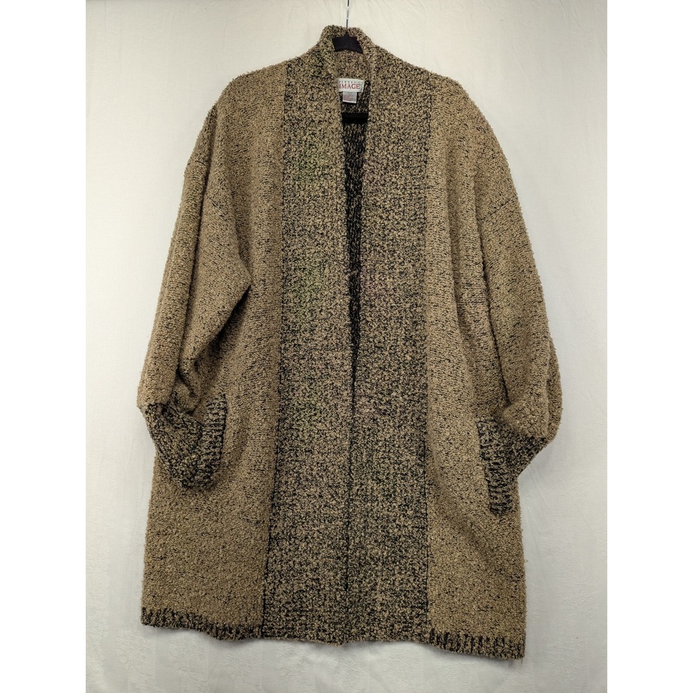 Vintage Fitting Image Textured Knit‎ Duster Cardigan Tan Black 1X Plus Size